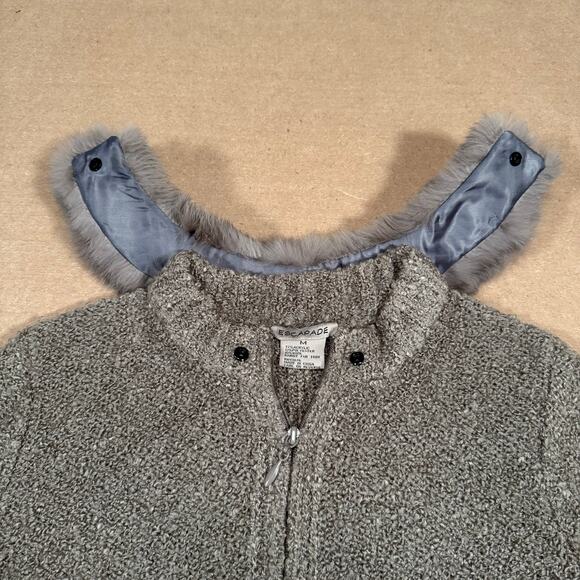Vintage 90s Gray Bouclé Knit Sweater Jacket Faux Fur Collar Zip Front Women M - Picture 5 of 6